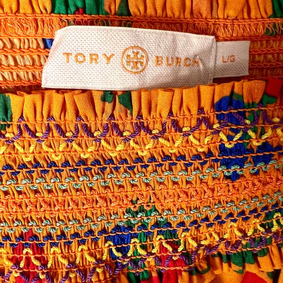 TORY BURCH NEW $448 Smocked Orange Green & Red Ruffle Floral Print Dress - Large - Picture 11 of 16